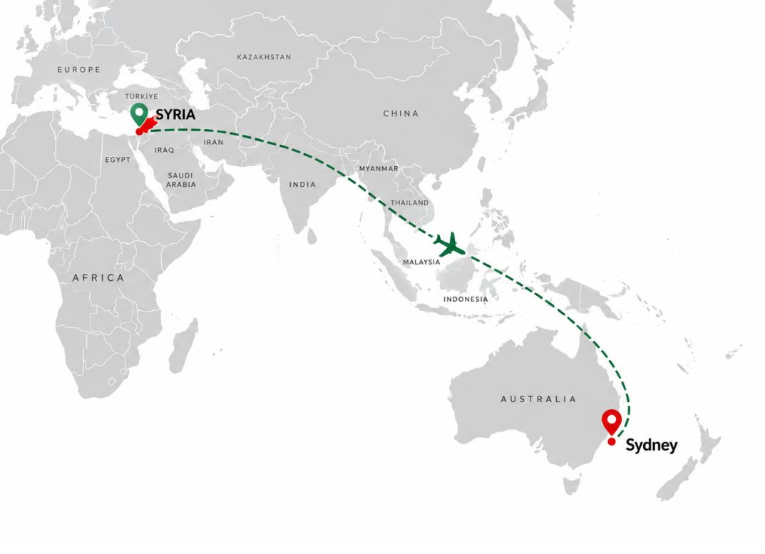 A route drawn from Syria to Sydney, where the club is based.